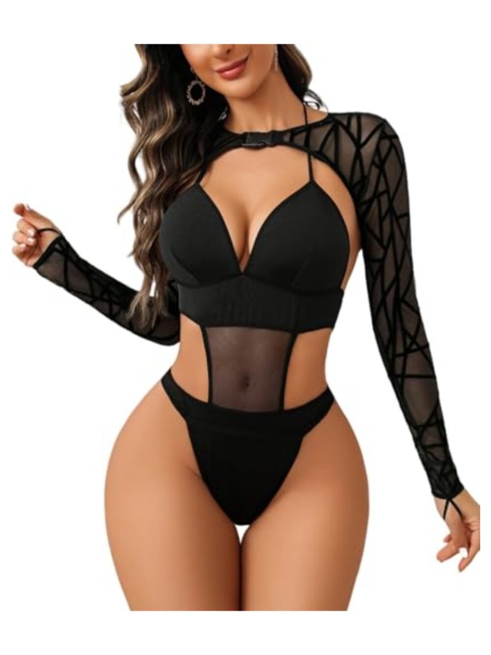 Women's Sheer Lace Bodysuit & Buckle Crop Top Rave Outfit Set